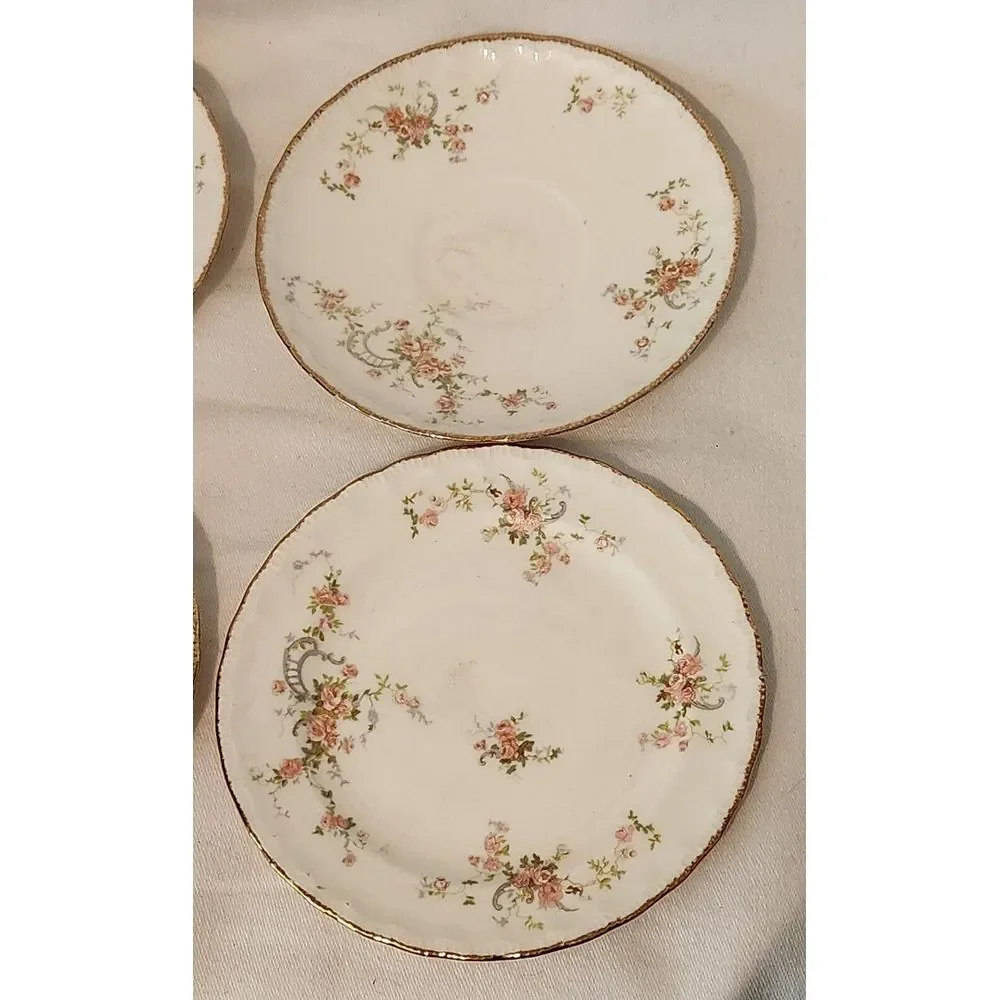 Pope Gosser USA Plates Bread/Salad Pink w/Gold Scalloped‎ Trim 4 Plates